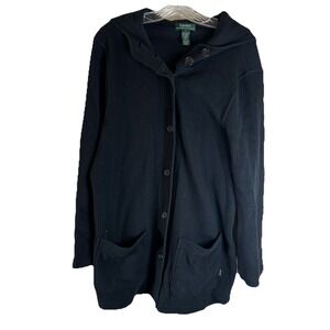 Lauren Ralph Lauren Black Ribbed Button up Hooded Cardigan Knit Jacket Small